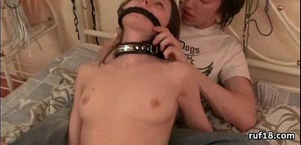  Teen Lucy in bondage is teased by horny guy